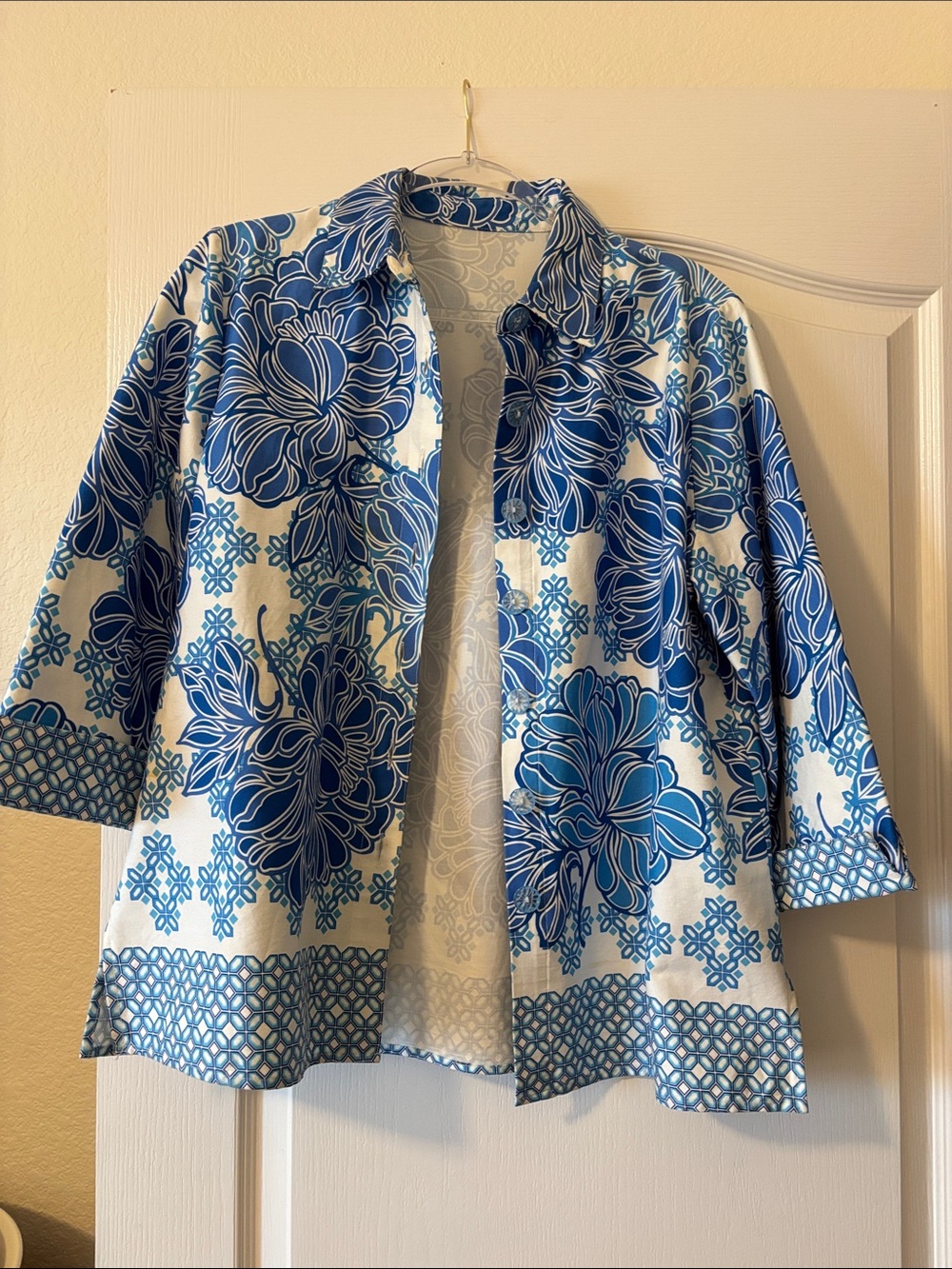 Draper’s and Damon’s Blue & White Floral Button-Up top size large. no tags